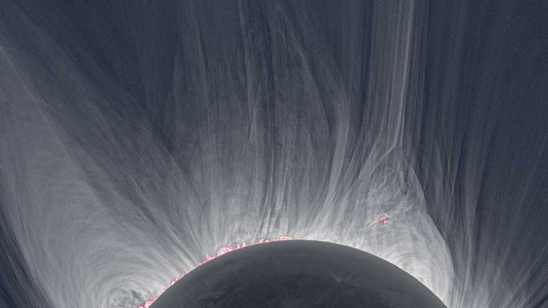 Somente na escuridão fugaz de um eclipse solar total é que a luz da coroa solar é facilmente visível. Ainda assim, os detalhes sutis e os intervalos extremos no brilho da coroa, embora perceptíveis a olho nu, são notoriamente difíceis de fotografar. Nesta imagem, com o processamento digital de diversas capturas, foi possível obter uma imagem detalhada da coroa do Sol, durante o eclipse solar total de agosto de 2008, na Mongólia. O que se vê são camadas intrincadas de uma mistura gás quente e campos magnéticos. As brilhantes proeminências solares também aparecem em rosa cintilante