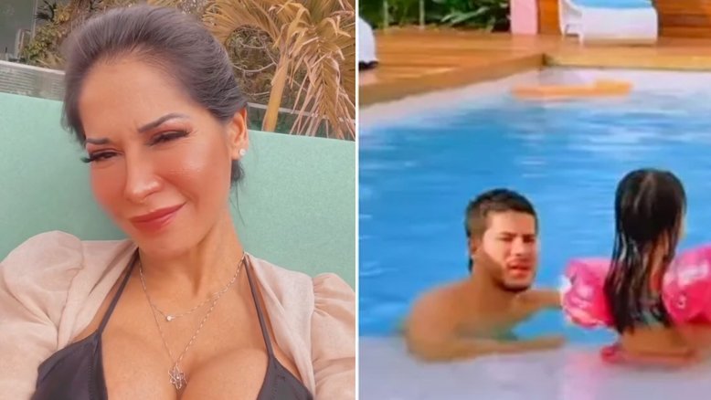 Após anunciar fim do casamento, Arthur Aguiar e Maíra Cardi curtem piscina juntos