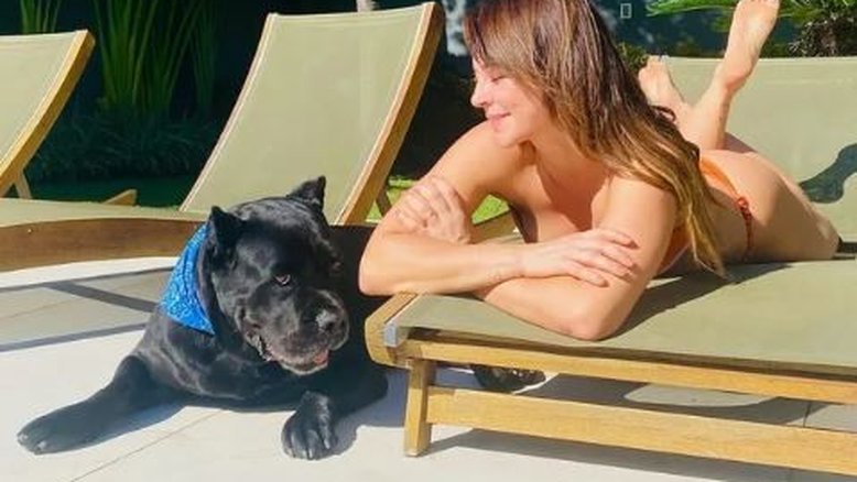 Paolla Oliveira curte dia de sol e posa de biquíni ao lado de cachorro