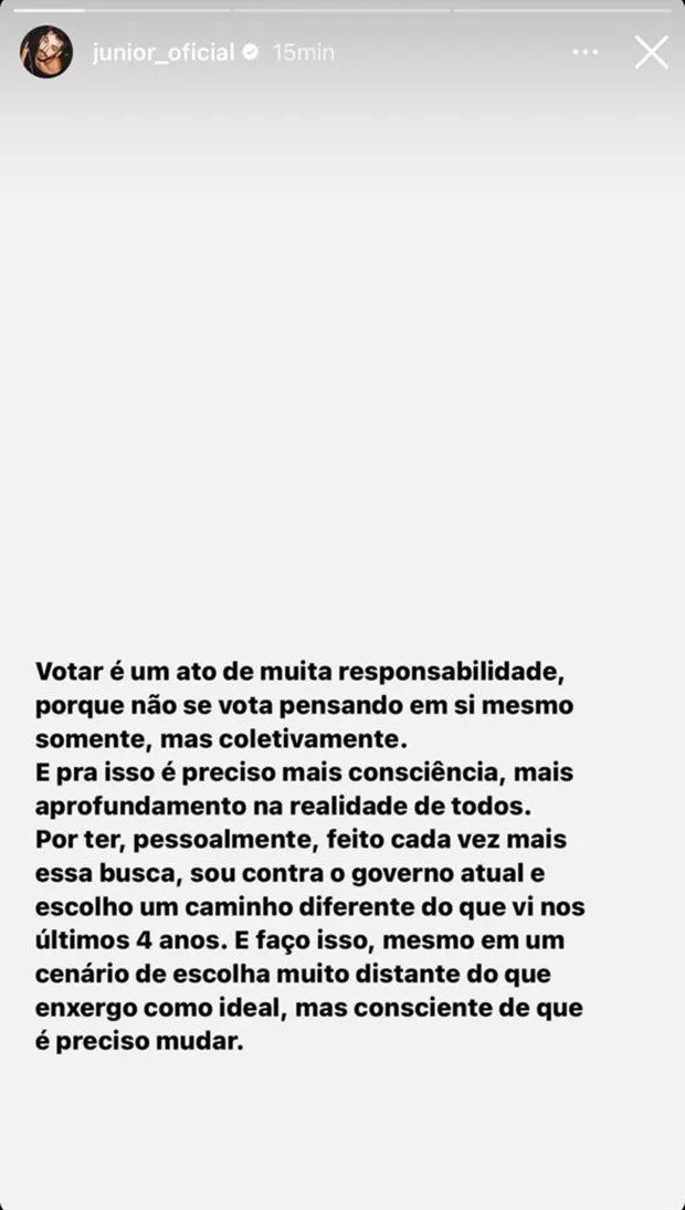 Junior Lima posta crítica após encontro de Chitãozinho com Bolsonaro: ‘Tiozão do Zap’ 7 Junior Lima posta crítica após encontro de Chitãozinho com Bolsonaro: ‘Tiozão do Zap’