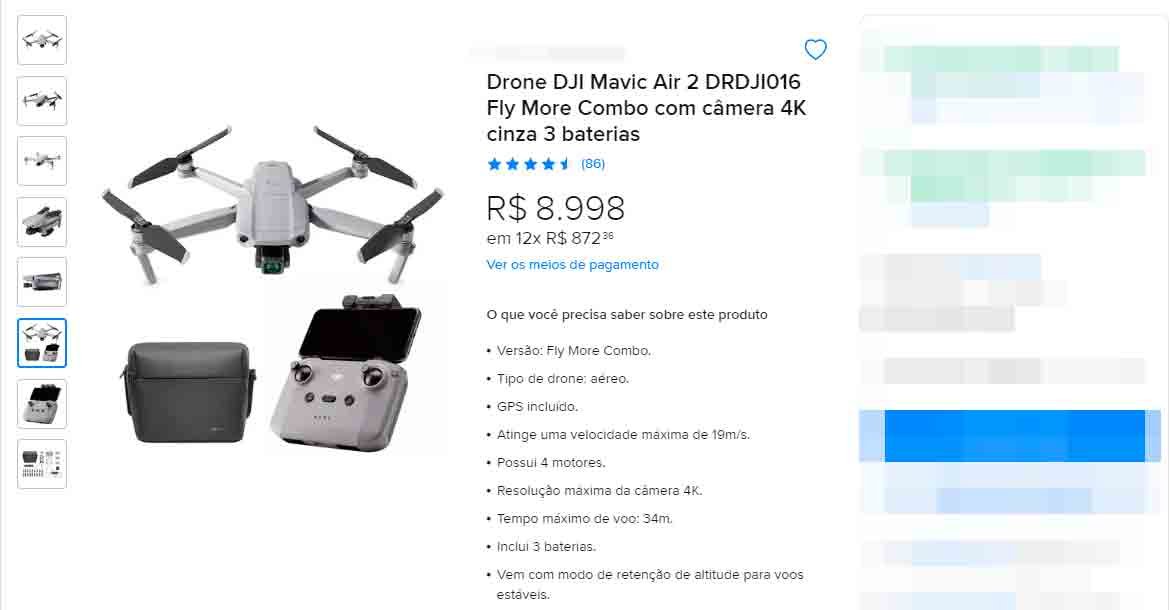 Drone comercial vendido no Mercado Livre. Foto: Reprodução