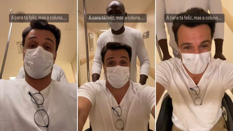 Rodrigo Lombardi é levado em cadeira de rodas em hospital após problema na coluna