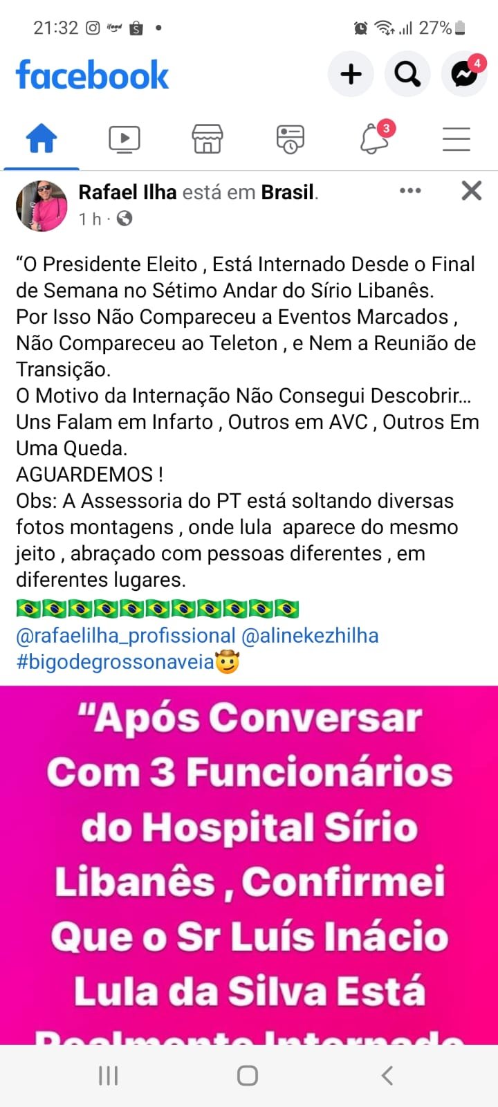Rafael Ilha espalha fake news sobre estado de saúde de Lula: 'Internado na UTI'