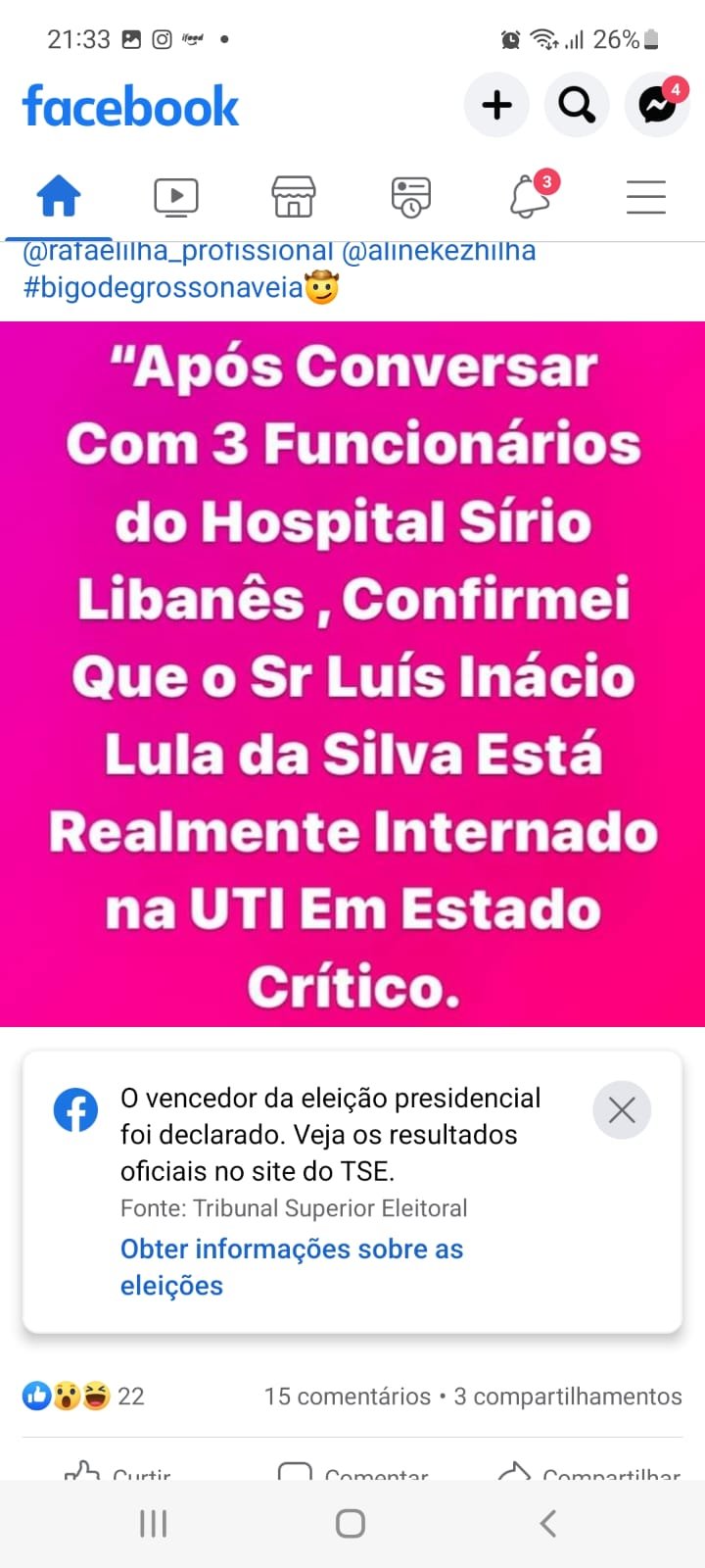 Rafael Ilha espalha fake news sobre estado de saúde de Lula: 'Internado na UTI'