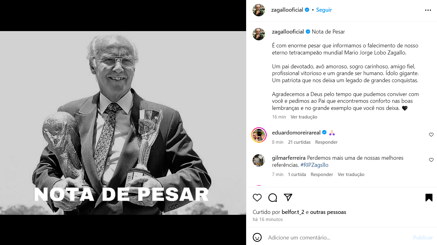 Nota de falecimento de Zagallo