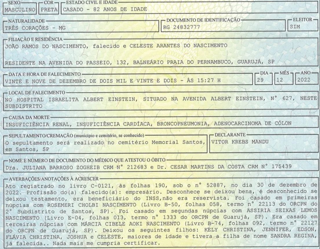 Certidão de Óbito de Pelé