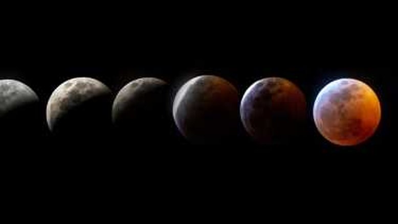 Uma montagem mostra fases da chamada "Lua de sangue" durante o eclipse total do nosso satélite natural, em 20 de janeiro de 2019, visto de Miami, Flórida