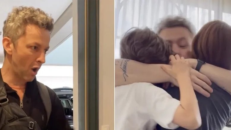Reencontro de Lucas Lima com Sandy e o filho tem abraço apertado, cantora brinca: 'Alguém me salva'