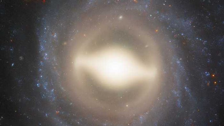 Nesta imagem, a galáxia NGC 1015, localizada na Constelação de Cetus, a 118 milhões de anos-luz da Terra aparece de frente. Dado o seu centro grande e brilhante e os braços espirais bem enrolados, como uma espécie de “barra” central de gás e estrelas, NGC 1015 foi classificada como uma galáxia espiral barrada, assim como a nossa Via Láctea. As barras são encontradas em cerca de dois terços de todas as galáxias espirais. Acredita-se que os buracos negros no centro das espirais barradas canalizam gás e energia dos braços externos para o núcleo através dessas barras brilhantes, alimentando o nascimento de estrelas no centro. Em 2009, uma supernova foi detectada em NGC 1015 e aparece em um dos pontos brilhantes no canto superior direito do centro da galáxia