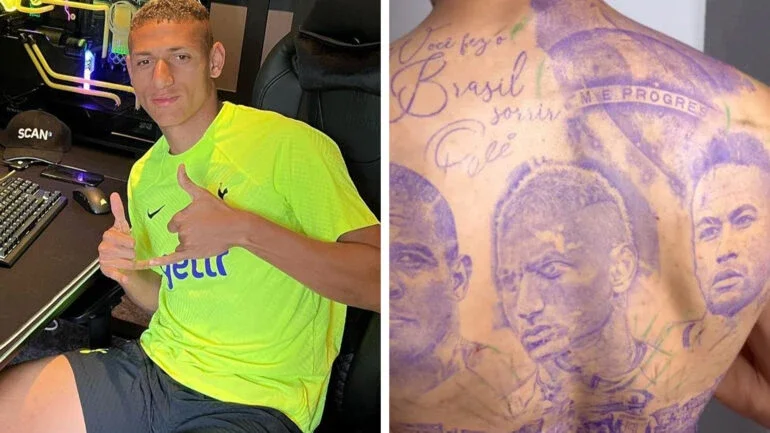 Após Copa do Mundo, Richarlison tatua o próprio rosto, Neymar e Ronaldo nas costas