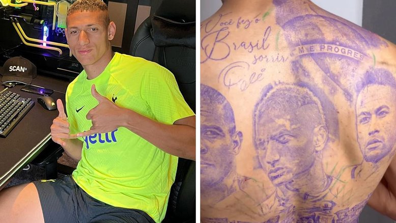 Após Copa do Mundo, Richarlison tatua o próprio rosto, Neymar e Ronaldo nas costas