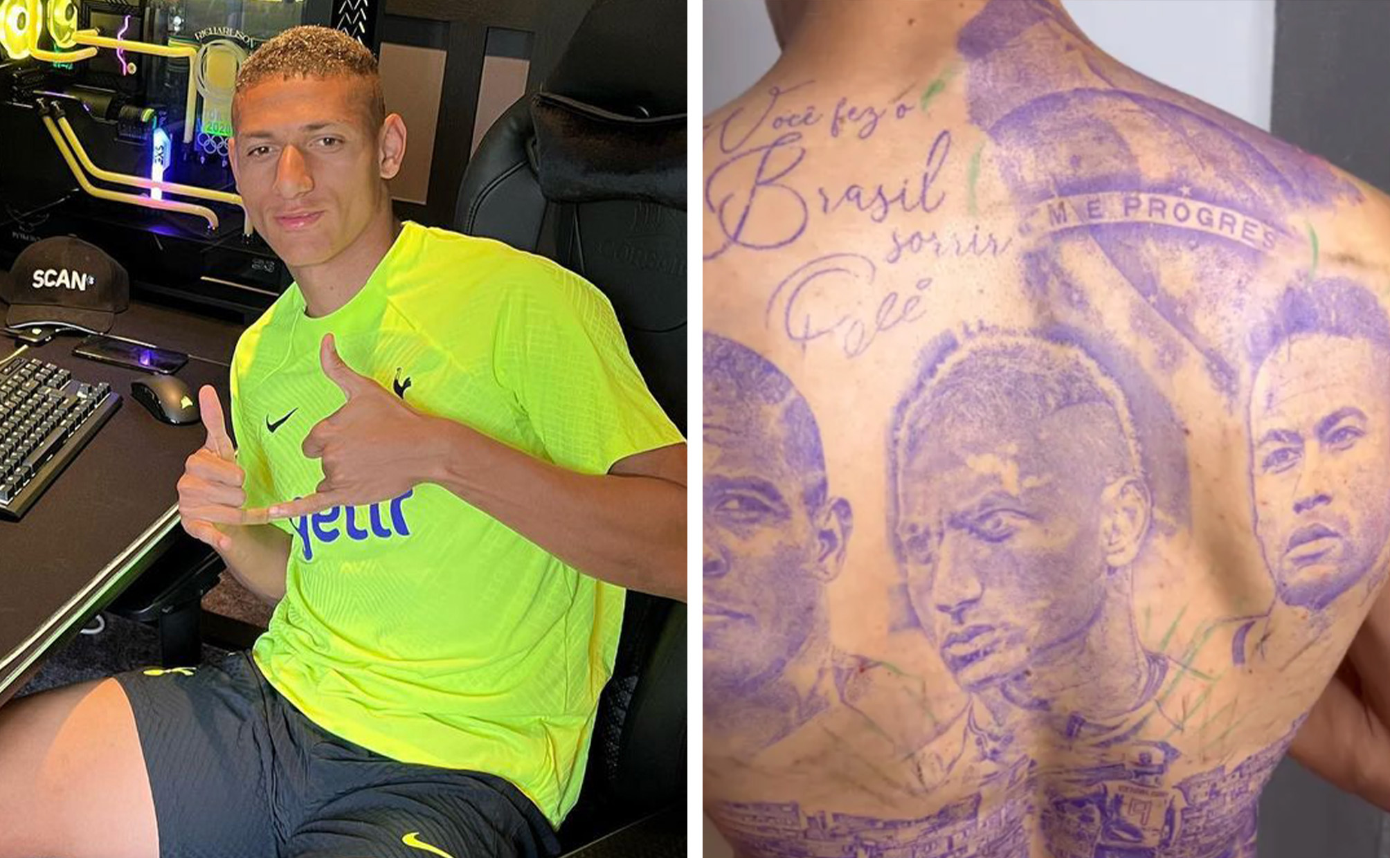 Após Copa do Mundo, Richarlison tatua o próprio rosto, Neymar e Ronaldo nas costas