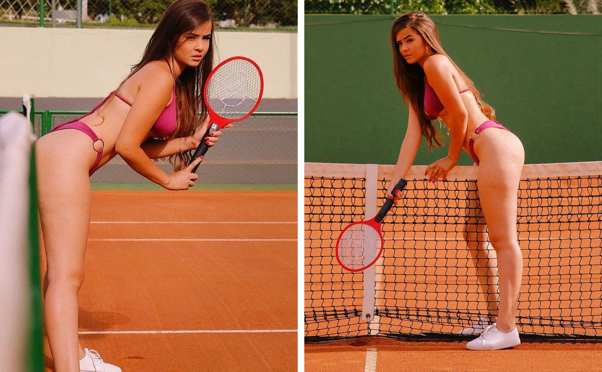 Jovem viraliza ao posar em quadra de tênis com raquete de matar mosquitos