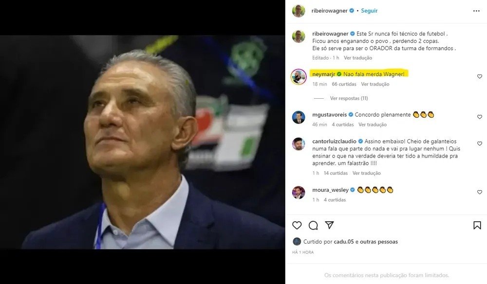Neymar sai em defesa de Tite após seu ex-empresário criticar o treinador: 'Não fala m...'