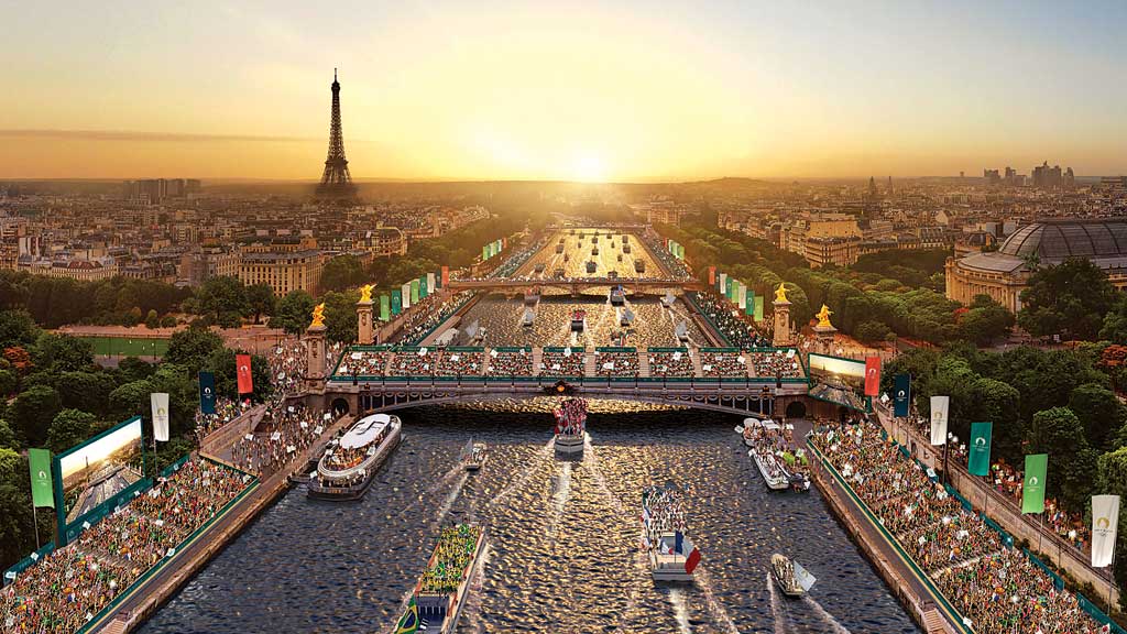 Essa é a imagem de como será a abertura da Olimpíada de Paris 2024, com desfile em barcos e público nas margens do rio Sena