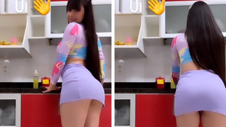 VÍDEO: Juliana Caetano lava a louça de saia e quase mostra demais