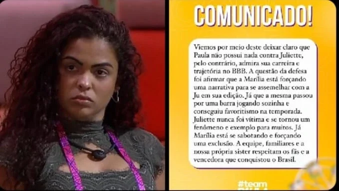 BBB23: Após Paula falar mal de Juliette, equipe da sister responde: 