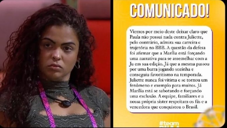 BBB23: Após Paula falar mal de Juliette, equipe da sister responde: 'Está se sabotando'