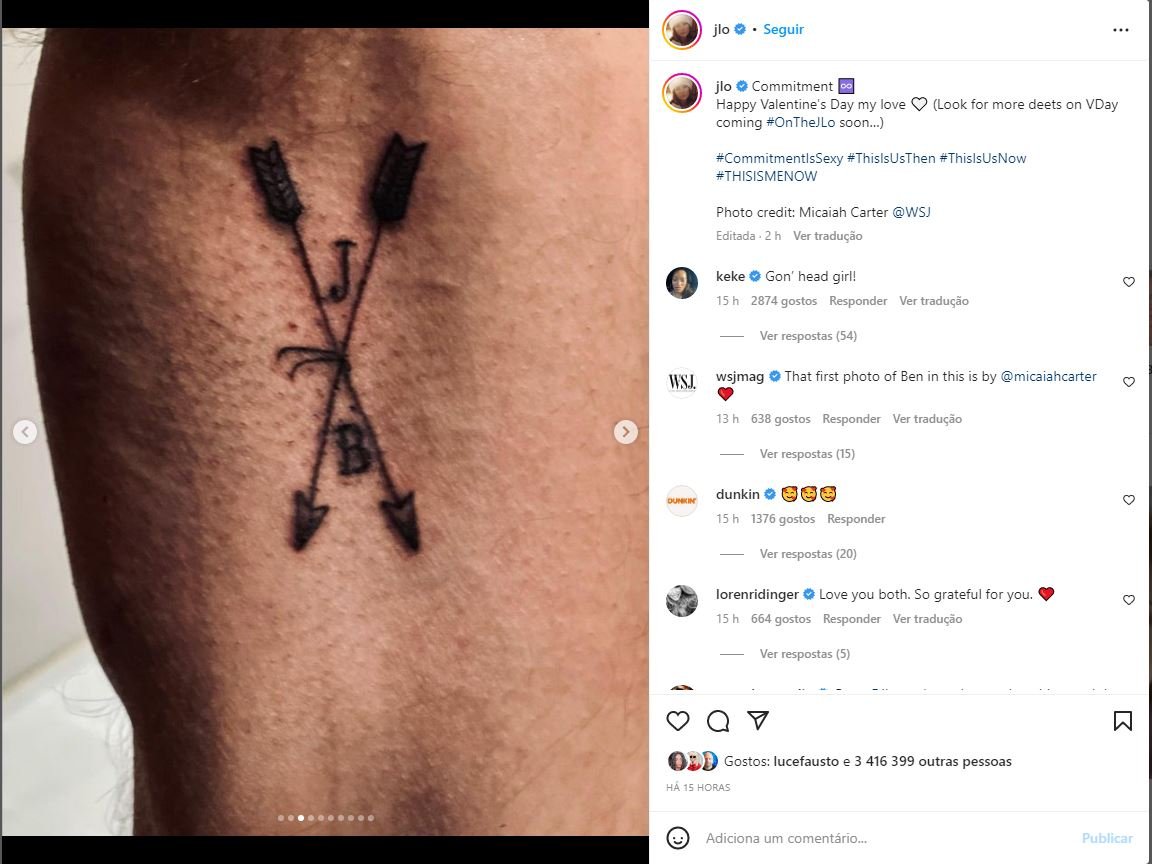 Jennifer Lopez e Ben Affleck fazem tatuagem de casal com as iniciais