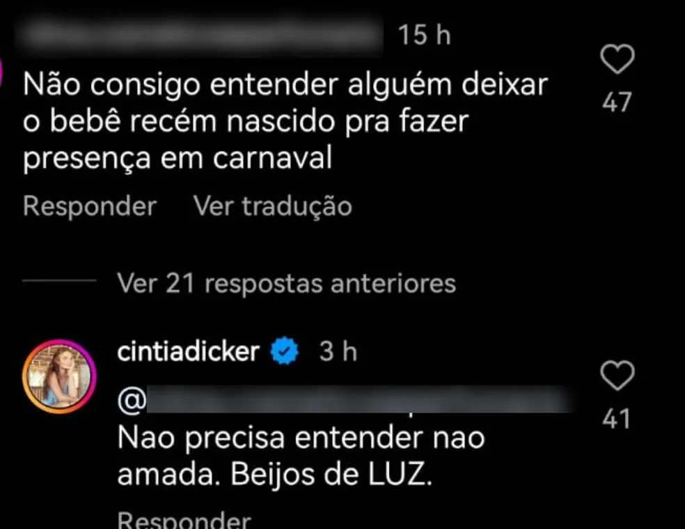 Cintia Dicker rebate críticas por curtir Carnaval pouco tempo depois do nascimento da filha: ‘Não precisa entender’