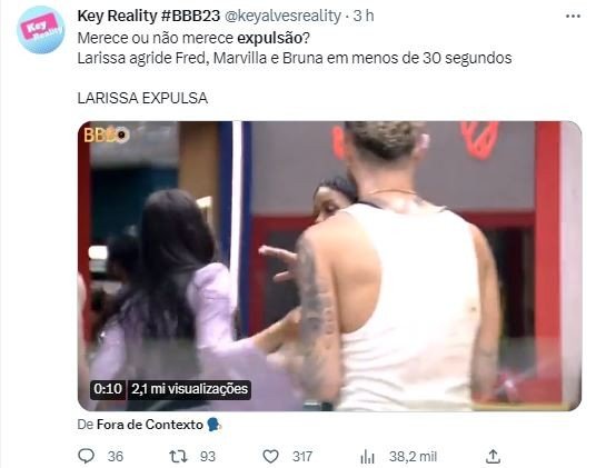 BBB23: Tapa dado por Larissa em Fred repercute nas redes sociais: ‘Expulsão’; confira vídeo