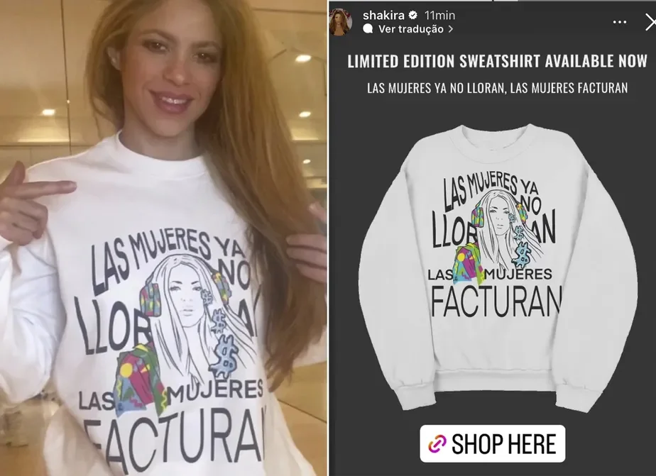 Shakira lança moletom com frase de música sobre traição de Piqué: ‘Mulheres já não choram, faturam’ 4 Shakira lança moletom com frase de música sobre traição de Piqué: ‘Mulheres já não choram, faturam’