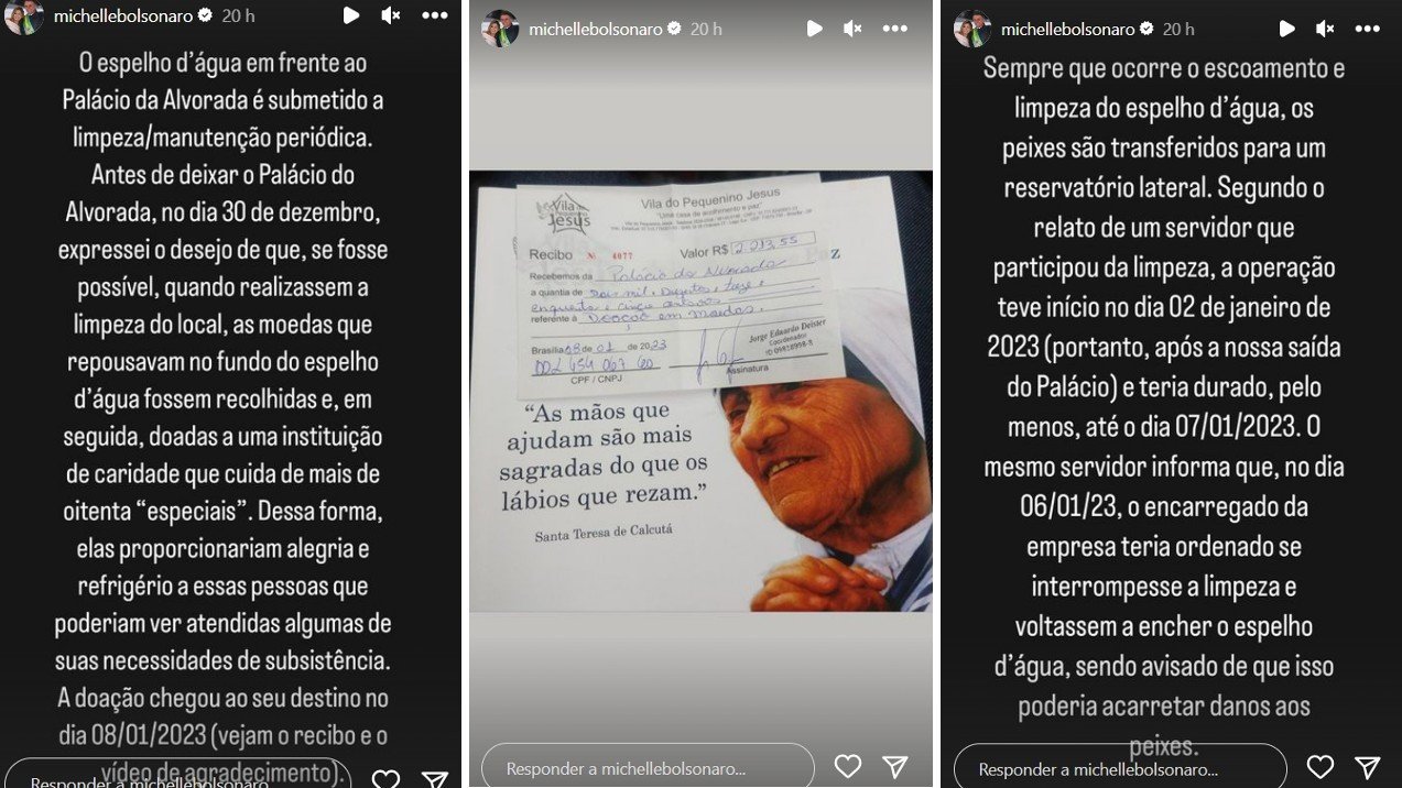 Michelle Bolsonaro afirma que doou moedas recolhidas do espelho d’água do Alvorada 4 Michelle Bolsonaro afirma que doou moedas recolhidas do espelho d’água do Alvorada