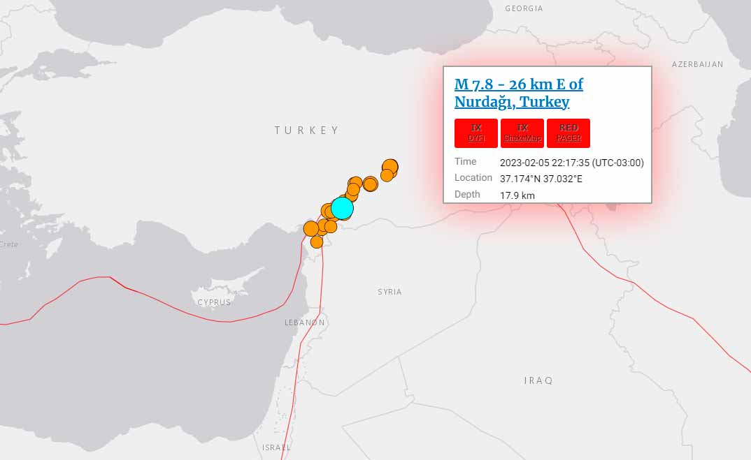 Um terremoto de magnitude 7.8 atingiu a região central da Turquia e o noroeste da Síria na manhã desta segunda-feira (6), causando mais de 500 mortes e deixando milhares de pessoas feridas. O tremor também foi sentido no Chipre e no Líbano.