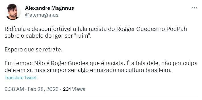 Em podcast, Róger Guedes fala em 'cabelo ruim' e é acusado de racismo por internautas 11 Em podcast, Róger Guedes fala em 'cabelo ruim' e é acusado de racismo por internautas