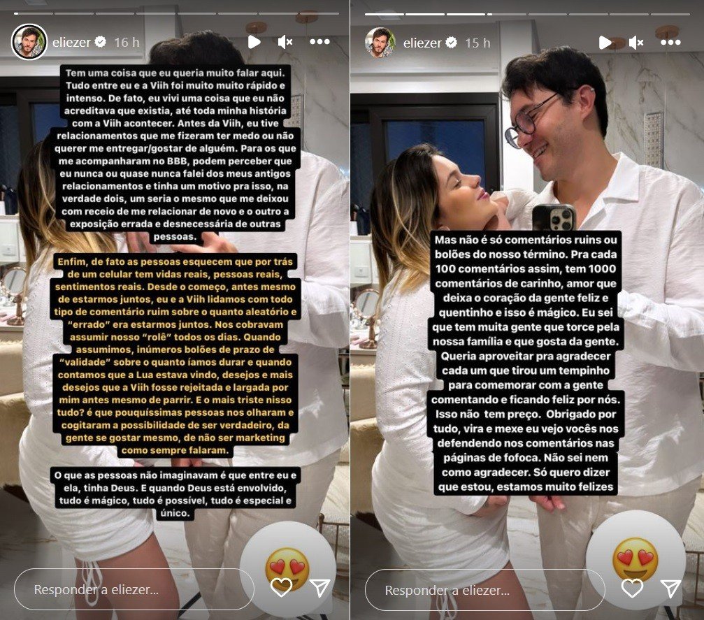 Eliezer desabafa após insinuações sobre seu casamento: 'Não consegue ver ninguém bem' 2 Eliezer desabafa após insinuações sobre seu casamento: 'Não consegue ver ninguém bem'