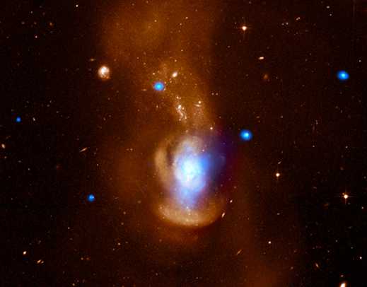 Esta imagem composta da Galáxia da Medusa (NGC 4194) contém dados de raios-X (azul) e luz óptica (laranja). Acima do centro da galáxia, vê-se o "cabelo" da Medusa - feito de serpentes no mito grego -, mas aqui aparecendo como resultado das forças de maré que advém de uma colisão entre galáxias. Na parte superior esquerda, a ponto azulado brilhante, fonte de raios-X, é um buraco negro. A Galáxia da Medusa fica a cerca de 110 milhões de anos-luz de distância, na direção da Constelação da Ursa Maior