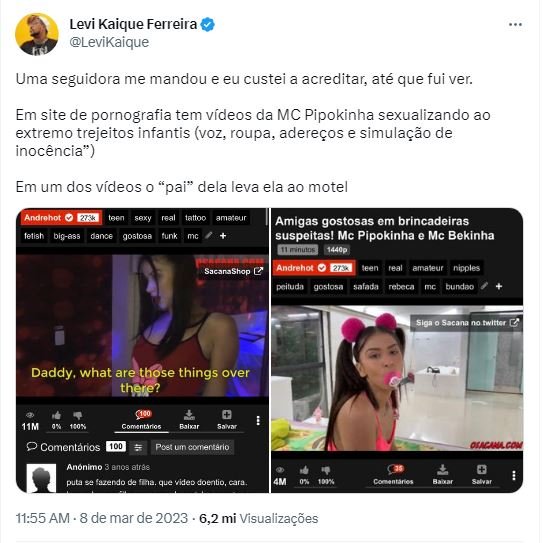 Vídeos de MC Pipokinha se portando como criança em site adulto causa revolta na internet