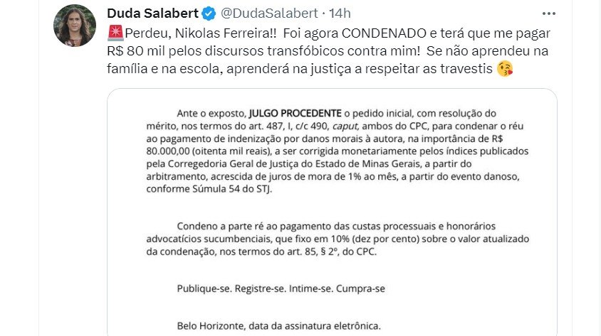 Nikolas é condenado a pagar R$ 80 mil a Duda Salabert por comentário transfóbico 7 Nikolas é condenado a pagar R$ 80 mil a Duda Salabert por comentário transfóbico
