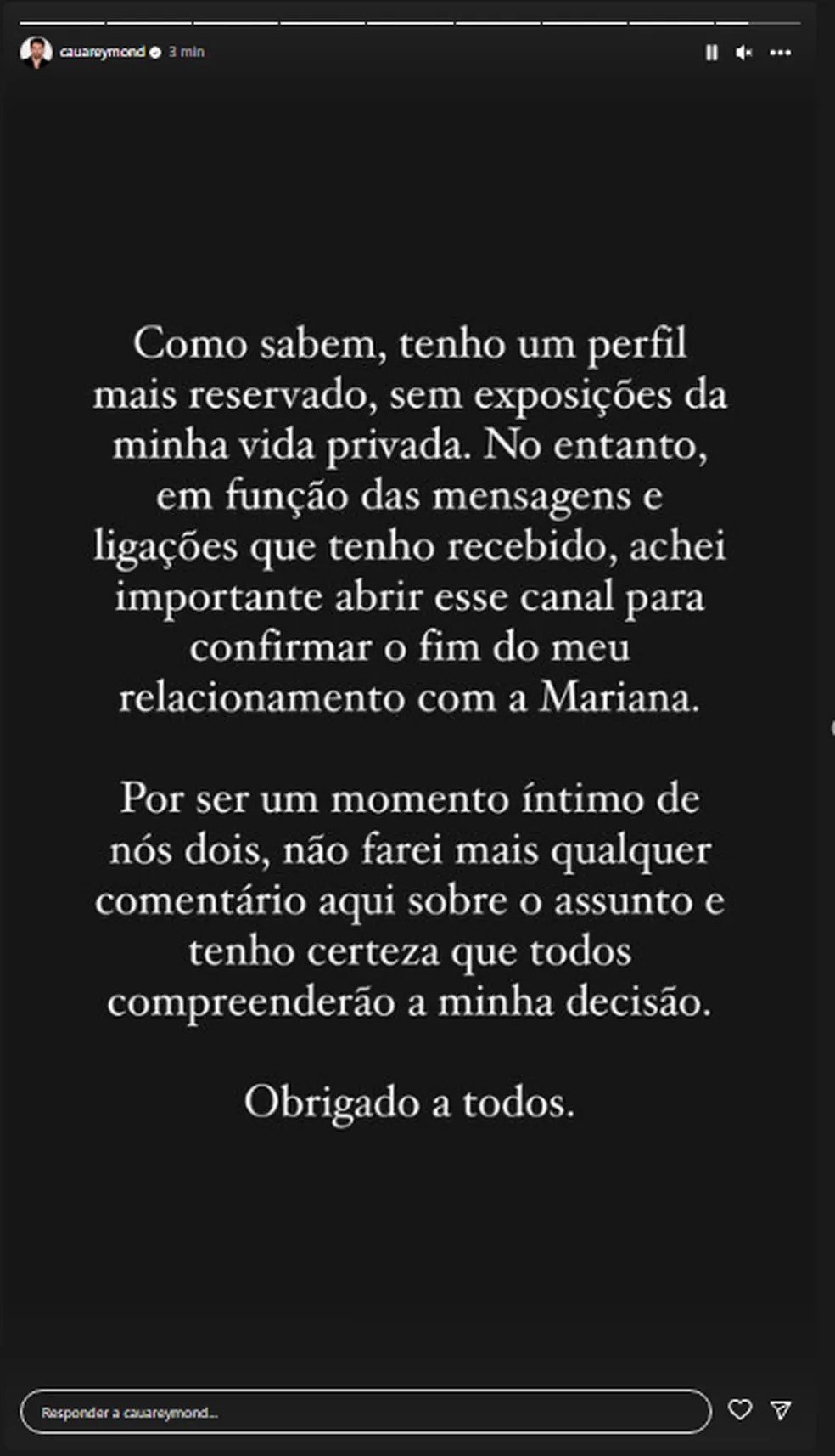 Cauã Reymond se pronuncia sobre separação de Mariana Goldfarb: 'Tenho um perfil mais reservado' 4 Cauã Reymond se pronuncia sobre separação de Mariana Goldfarb: 'Tenho um perfil mais reservado'