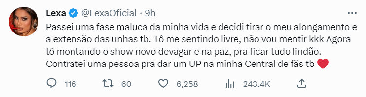 Vivendo crise no casamento, Lexa desabafa sobre mudanças pessoais: 'Me sentindo livre' 7 Vivendo crise no casamento, Lexa desabafa sobre mudanças pessoais: 'Me sentindo livre'