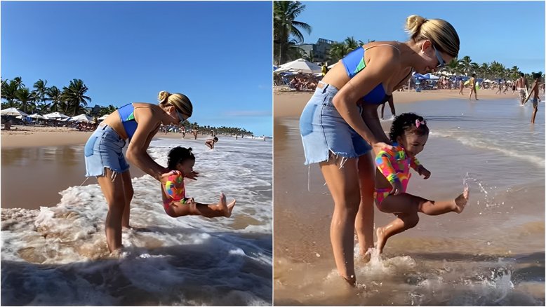 Lore Improta compartilha primeira vez da filha na praia e encanta web: ‘Muito fofa’