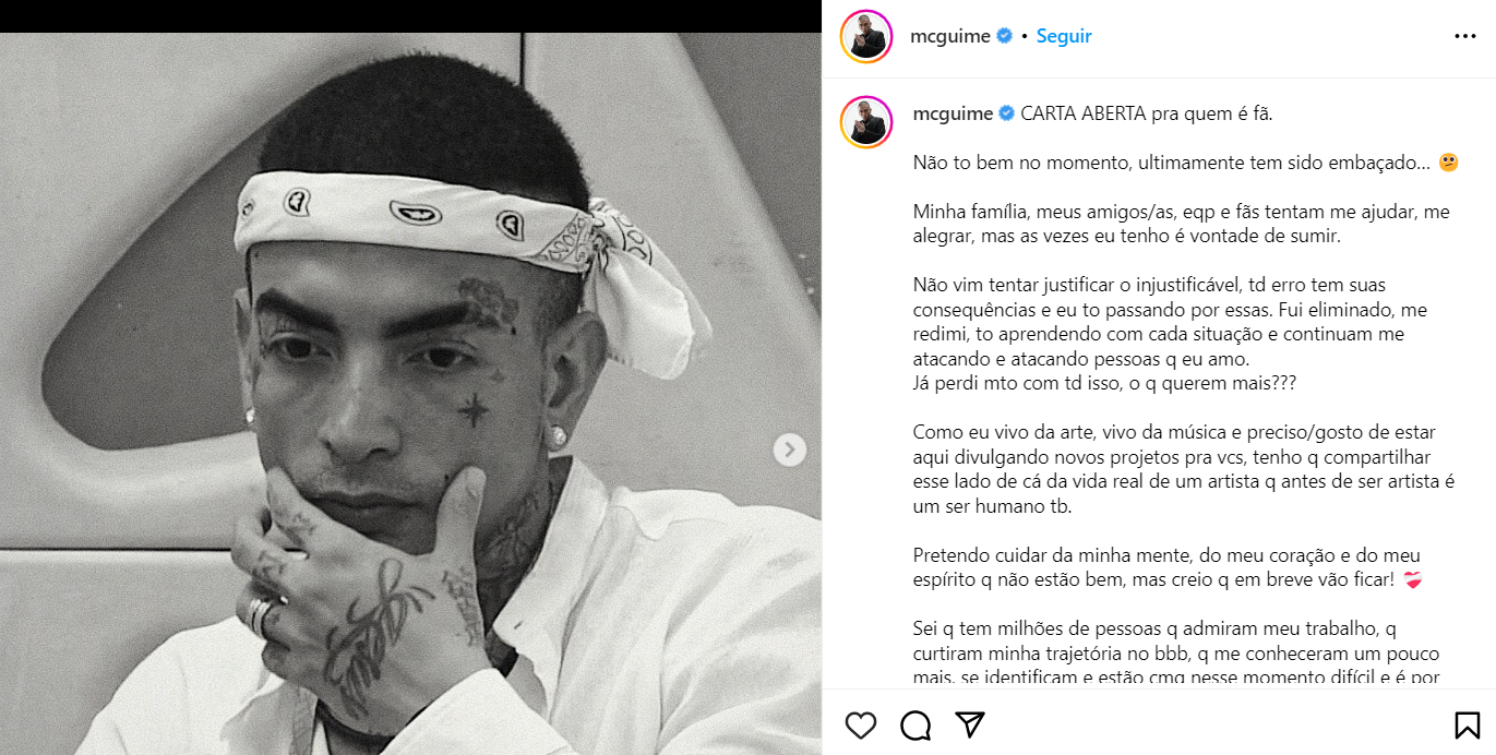 Após polêmicas, MC Guimê desabafa em carta aberta: 'Vontade de sumir' 4 Após polêmicas, MC Guimê desabafa em carta aberta: 'Vontade de sumir'