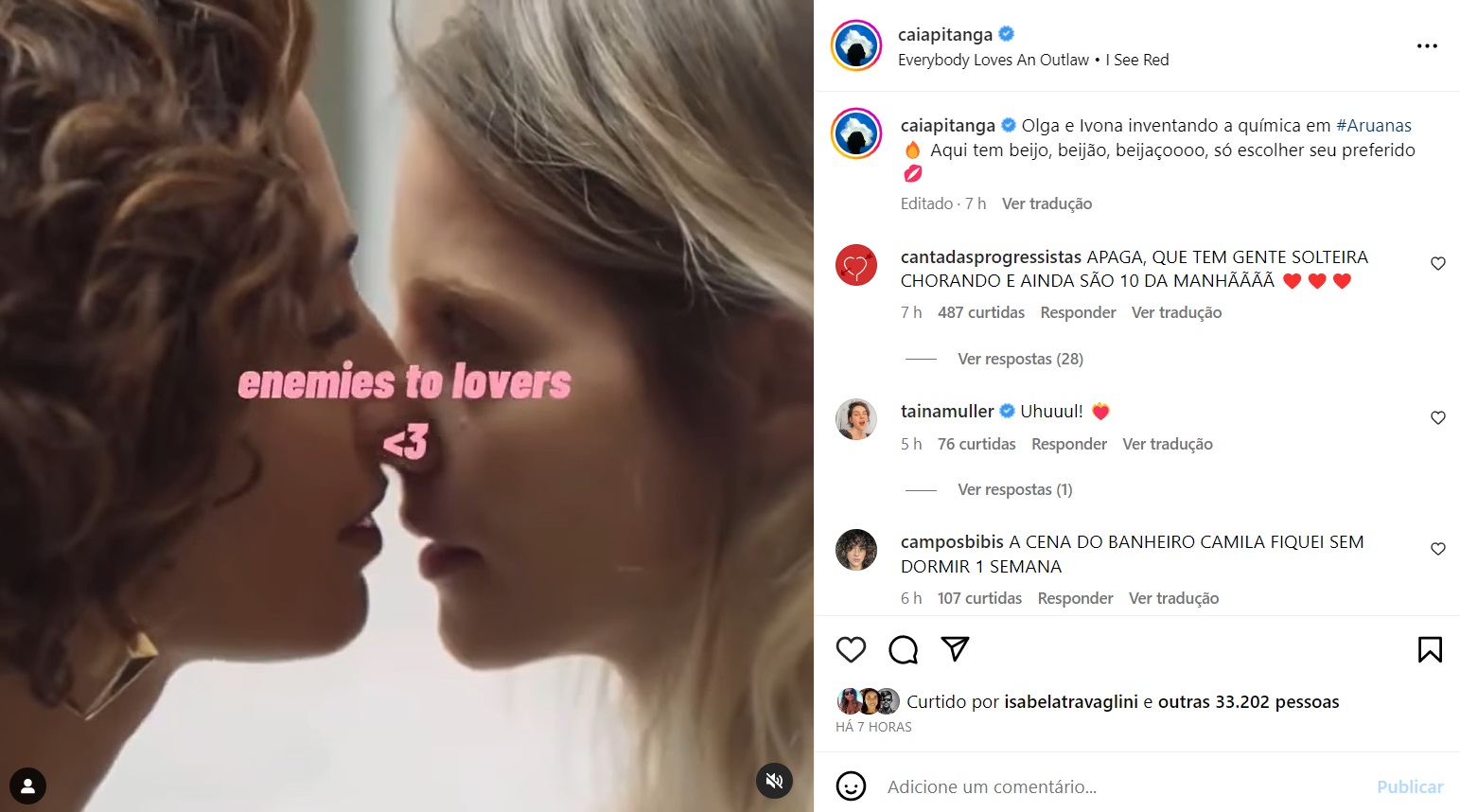 Camila Pitanga compartilha beijo entre mulheres após cena ser cortada da TV