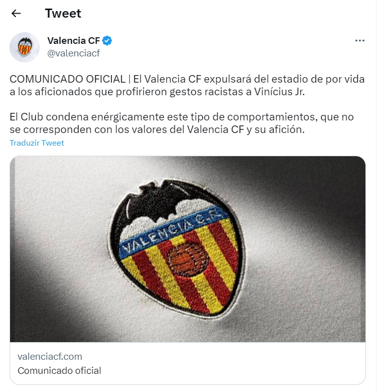 Valencia se manifesta após episódio de racismo contra Vinícius Júnior e informa banimento de torcedor; entenda