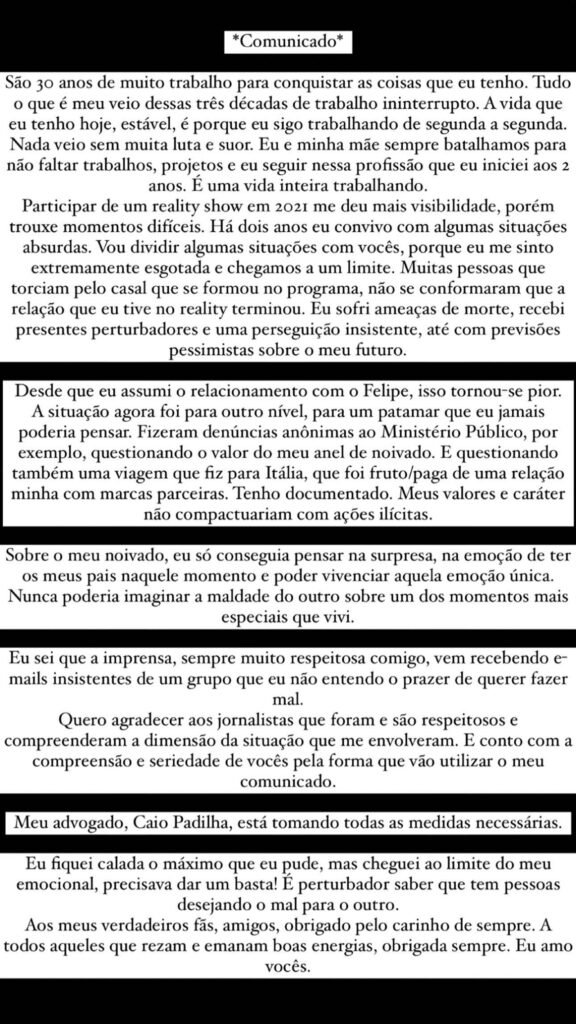 Carla Diaz desabafa após ser denunciada junto ao noivo no Ministério Público: 'Não compactuo com ações ilícitas' 4 Carla Diaz desabafa após ser denunciada junto ao noivo no Ministério Público: 'Não compactuo com ações ilícitas'