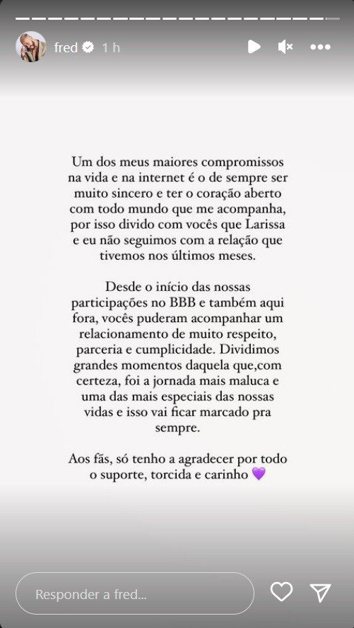 Acabou! Ex-BBBs Larissa Santos e Fred Bruno anunciam o fim do romance
