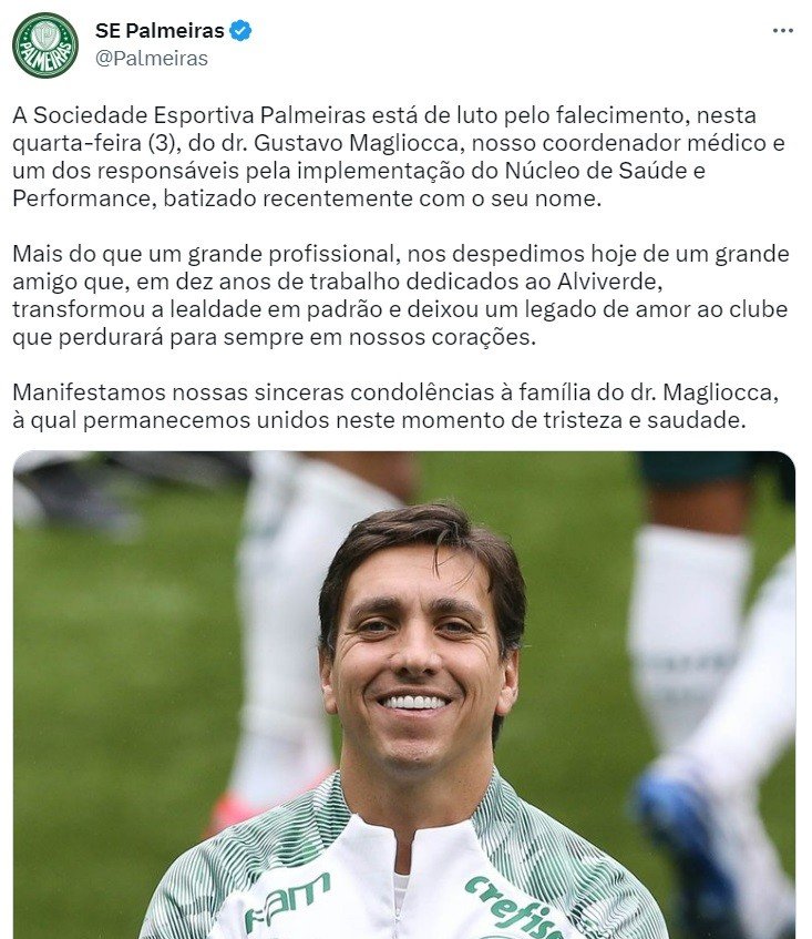 Palmeiras comunica falecimento de coordenador médico do clube: 'Tristeza e saudade' 2 Palmeiras comunica falecimento de coordenador médico do clube: 'Tristeza e saudade'