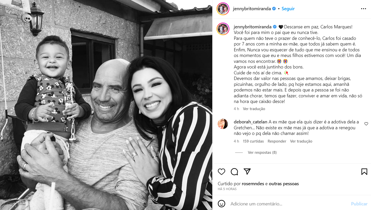 Jenny Miranda anuncia morte de Carlos Marques, ex de Gretchen: 'Casado com a minha ex-mãe' 4 jenny miranda e carlos marques