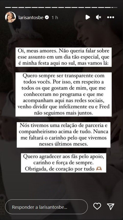 Acabou! Ex-BBBs Larissa Santos e Fred Bruno anunciam o fim do romance