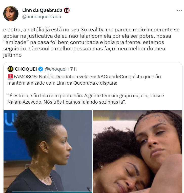 Acusada de estrelismo por Natália Deodato, Linn da Quebrada se defende: 'Incoerente' 14 Acusada de estrelismo por Natália Deodato, Linn da Quebrada se defende: 'Incoerente'