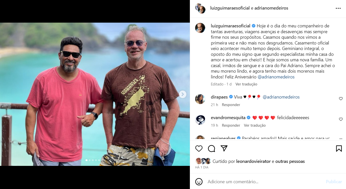 Luiz Fernando Guimarães faz declaração apaixonada ao marido: 'Meu moreno lindo' 19 Luiz Fernando Guimarães faz declaração apaixonada ao marido: 'Meu moreno lindo'