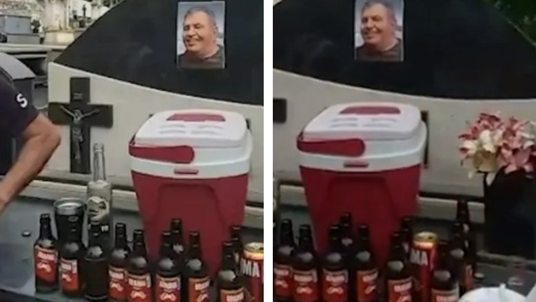 Filho de ex-prefeito de cidade no ES faz homenagem com cervejas em túmulo do pai
