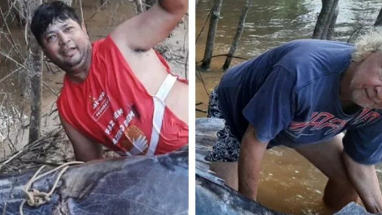 Irmão de senador e amigo pescam peixe com 2,4 metros e mais de 180 kg na Bolívia