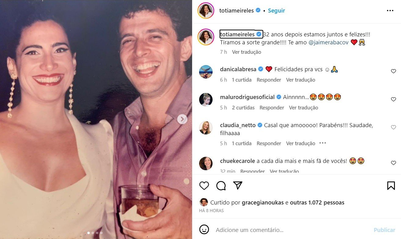 Atriz Totia Meireles celebra 32 anos de casamento: 'Sorte grande!' 3 Atriz Totia Meireles celebra 32 anos de casamento, vividos em casas separadas