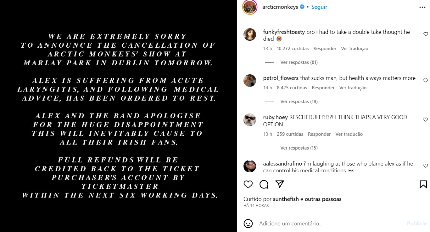 Arctic Monkeys cancela show após problemas de saúde de Alex Turner 4 Arctic Monkeys cancela show após problemas de saúde de Alex Turner